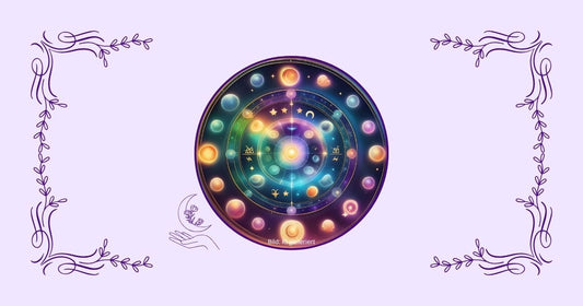 zart lilanes Bannerbild mit einem KI generiertem Bild in der Mitte, das im Kreis angeordnete Planeten und Symbole zeigt.
