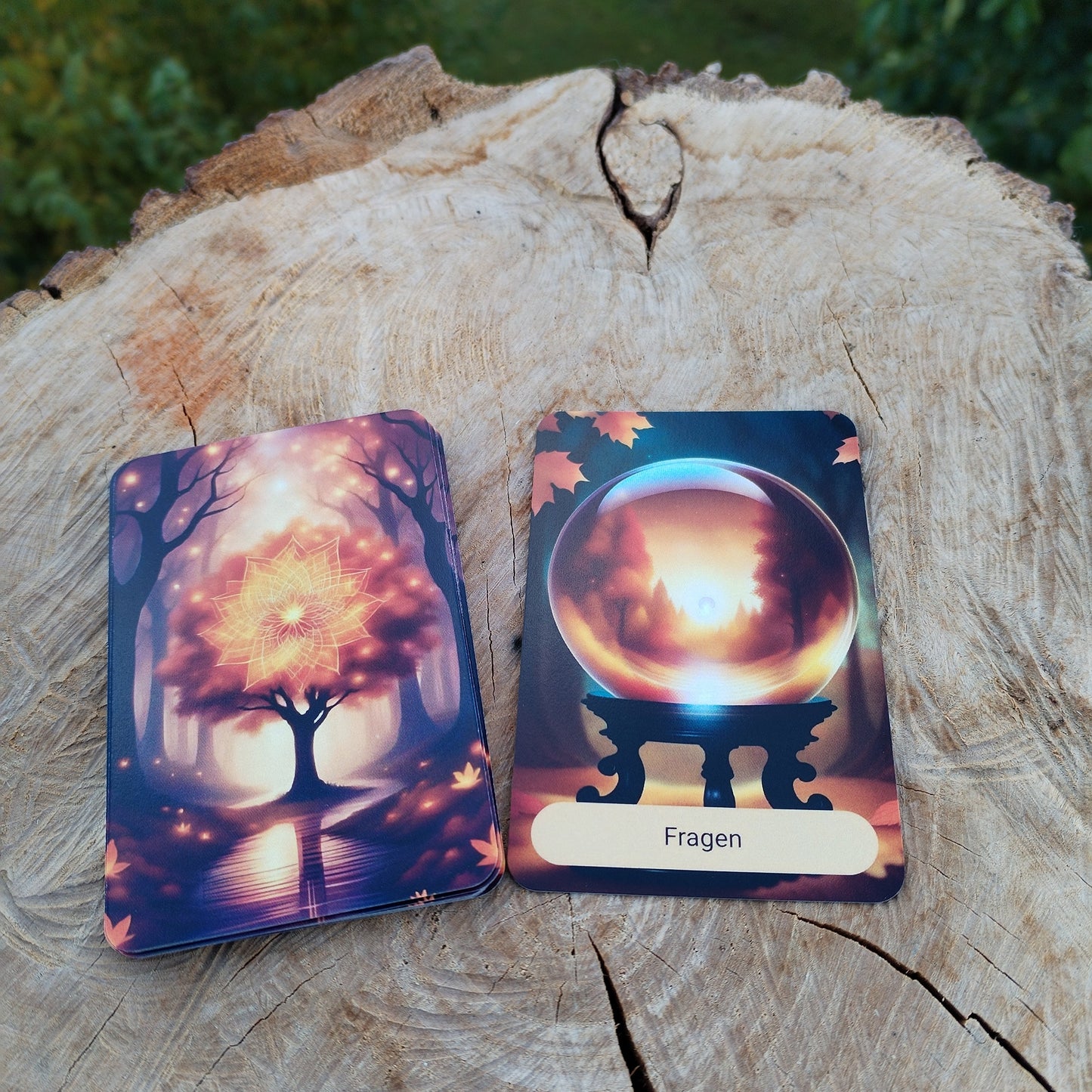 Karte "Fragen" aus dem Jahreszeiten-Kartendeck, herbstliches Motiv mit einer Glaskugel, daneben Rückseite mit leuchtendem Baum