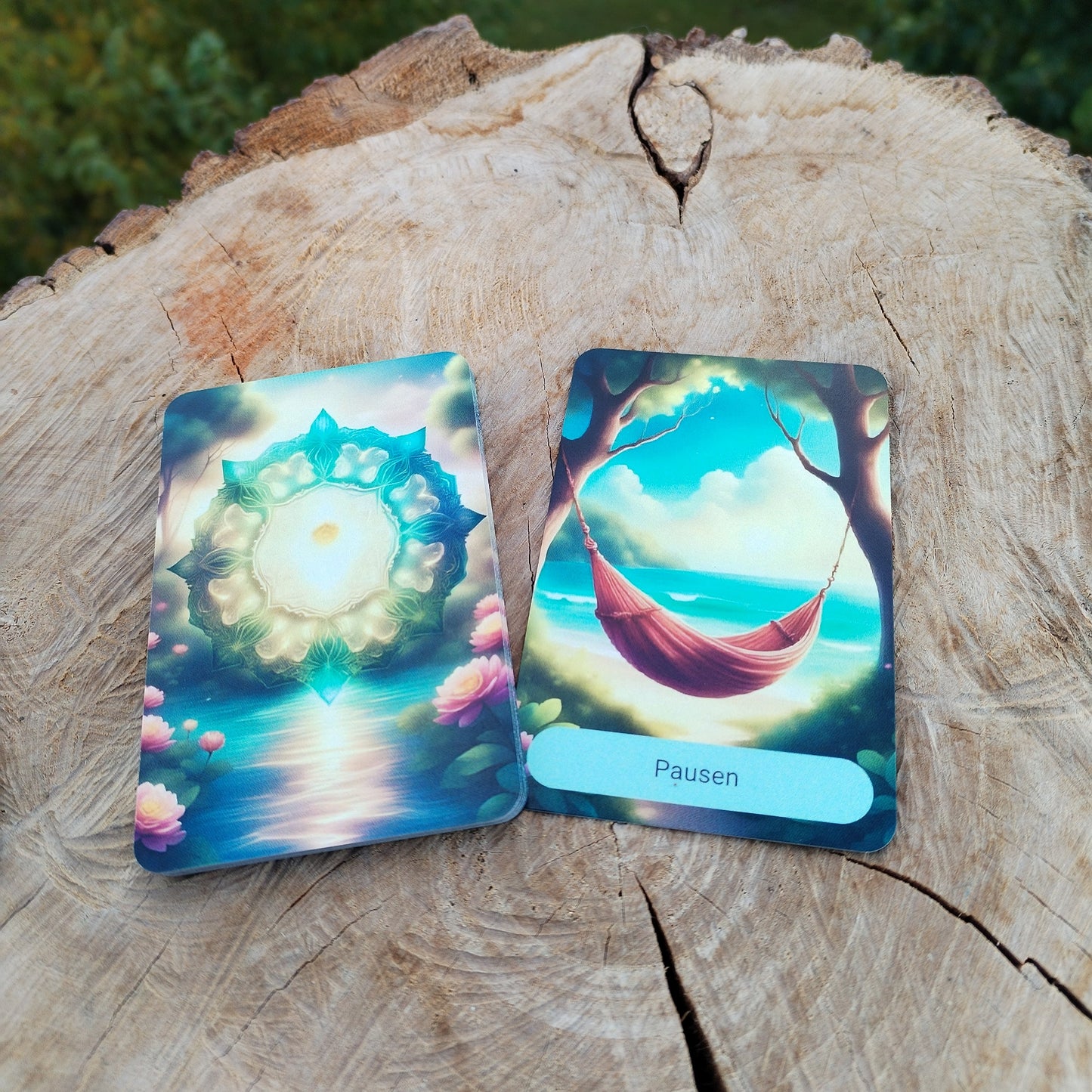 Karte "Pausen aus dem Jahreszeiten-Kartendeck, sommerliches Motiv mit einer Hängematte zwischen zwei Baumstämmen gespannt am Strand, daneben Rückseite mit einem Mandala.