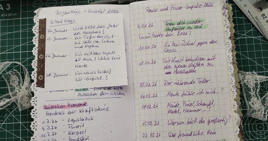 Blogbanner Rückschau Q 2 2026 aufgeschlagenes, handgemachtes  Journal