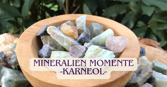 Bannerbild: Mineralien Momente -Karneol-, eine Holzschale gefüllt mit verschiedenen Steinen, im Hintergrund Natur.