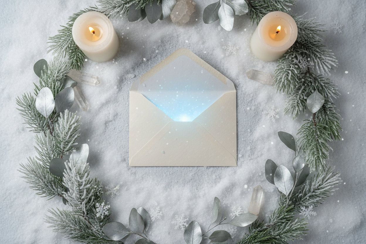 Ein offener Briefumschlag aus dem eisblaues Licht strahlt, umgeben von  wie bereiften Kiefernzweigen und silbernem Eukalyptus, sanftem Kerzenlicht und Bergkristallen.