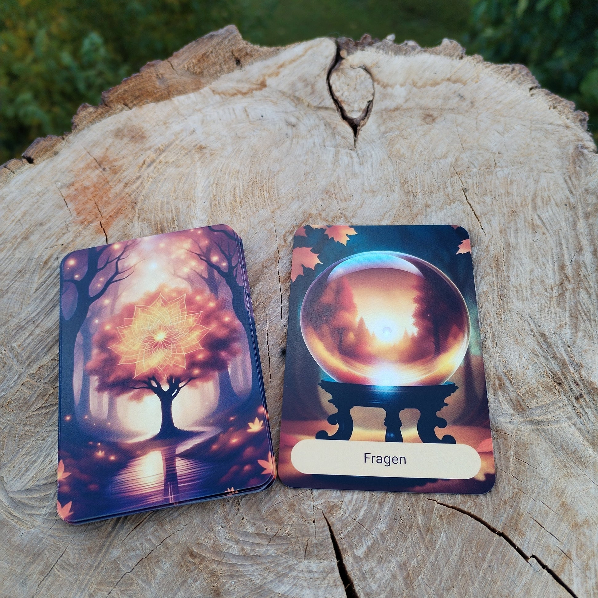 Karte "Fragen" aus dem Jahreszeiten-Kartendeck, herbstliches Motiv mit einer Glaskugel, daneben Rückseite mit leuchtendem Baum