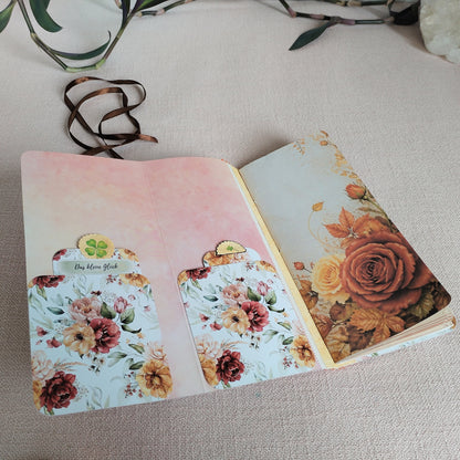 Long-Slim-Journal Glück Innenansicht mit zwei Papiertaschen undbedruckten Rosenmotiv-Papier