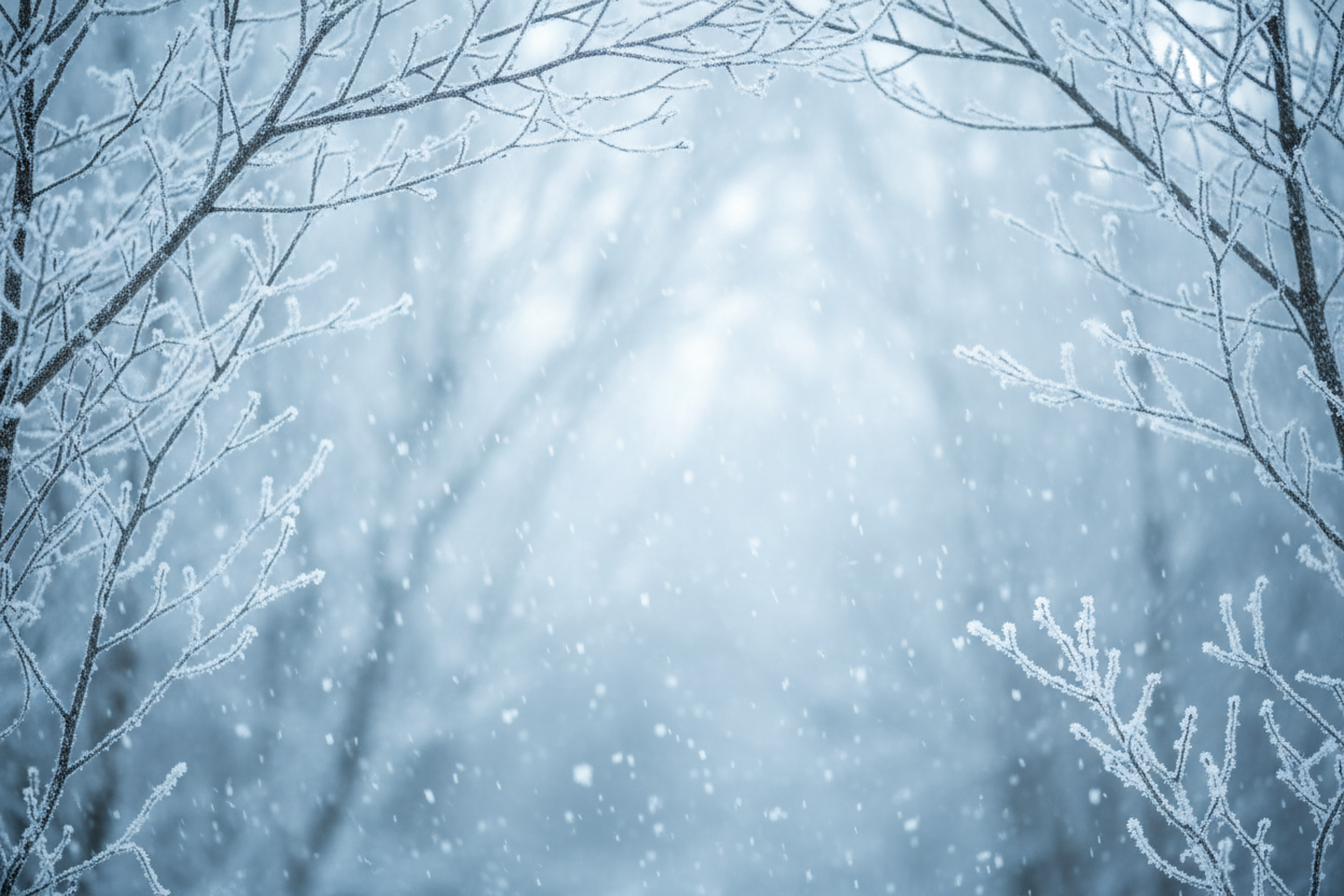 Mystical winter scene with frost-covered branches, soft snow, and ice-blue tones. Minimalist, serene, spiritual atmosphere with space for text. Premium nature aesthetic, calm and meditative mood.