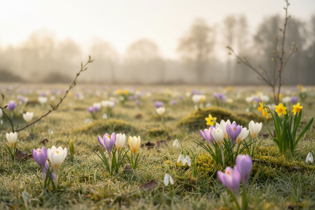 Hero-Banner, das eine Wiese im Frühling mit Krokussen und weiteren Frühblühern zeigt. 